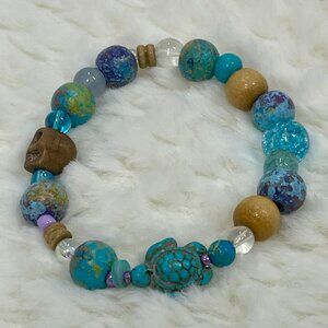 Blue Island Beaded Bracelet  #4658 Handmade Stretch